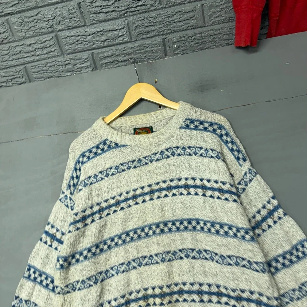 Alps Fine Apparel for Men Vintag Fair Isle Crewneck Sweater Grey Blue Mens Large